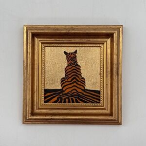 Original Tiger Painting on Gold Canvas Framed Safari Animal Art Small 7x7